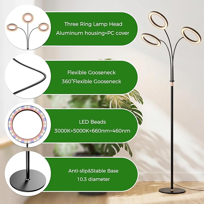 Grow Lights for Indoor Plants with Timer, Three-Heads 63 Inch Vertical Grow Light Full Spectrum 216 LEDs 48W 3/6/12H Auto On/Off 3 Light Modes 10-Level Dimmable Gooseneck Standing Plant Lamp