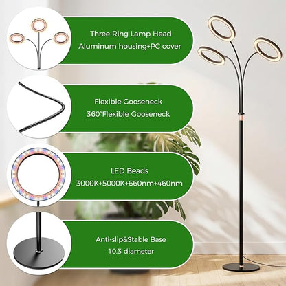 Grow Lights for Indoor Plants with Timer, Three-Heads 63 Inch Vertical Grow Light Full Spectrum 216 LEDs 48W 3/6/12H Auto On/Off 3 Light Modes 10-Level Dimmable Gooseneck Standing Plant Lamp