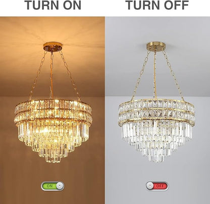 Modern Crystal Chandelier Gold Finish Light Fixture, Round Crystal Pendant Light Hanging Lamp, for Living Room, Dining Room, Restaurant, E12 x 11, Ø21.5 inch(V Shape)