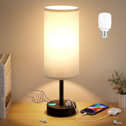 Dicoool Grey Touch Bedside Lamp with USB - 3 Way Dimmable Table Lamp for Bedroom, Nightstand Lamp with Black Charging Station for Desk Dorm, Office, Boy Kids Room, Small