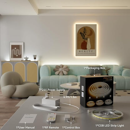 PAUTIX CCT COB LED Strip Light White Tunable 6400LEDs,CRI90+ 32.8ft/10m Dimmable 2700K-6500K 24V LED Tape Lights Kit,Work with Alexa/Google Assistant,for Under Cabinet Bedroom Kitchen DIY Lighting