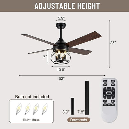 52 Inch Ceiling Fans with Lights, Modern Farmhouse Caged Ceiling Fan, Reversible Motor, 4 Double Finish Wood Blades, Rustic Ceiling Fan for Porch, Living Rooms, Bedroom