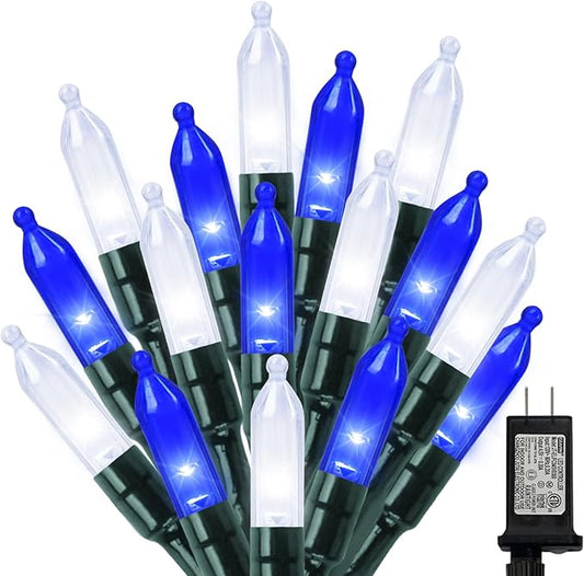 32.5FT 100 LED Blue White String light,16 Modes Plug in Blue LED Christmas MiniLights, Ocean party Fairy Lights, Waterproof Outdoor Christmas Lights for Xmas Tree Garland Wreath Bedroom Decor