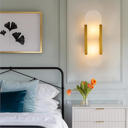 Fanyank-13.8in Alabaster Wall Sconce,Natural Marble Wall Lighting，Gold Wall Light Fixtures for Bedroom Stairs, Living Room, Vanity, Hallway Bedside(Bulb Included)