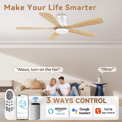 GentleBreeze 52In Wood Smart Low Profile Ceiling Fans with Lights Remote,Control via WIFI Alexa Google App,6 Speed,Quiet DC Motor,Flush Mount Outdoor Indoor Ceiling Fan for Modern Bedroom Patio Porch