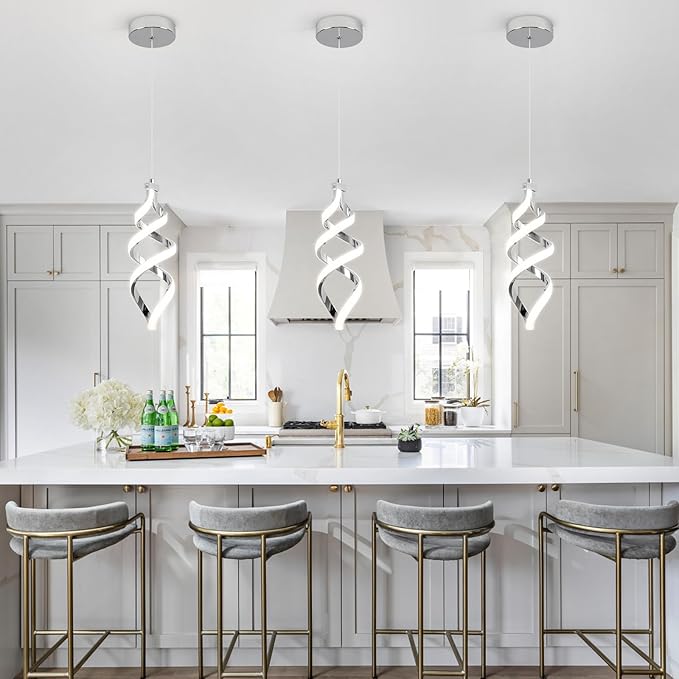 EIDISUNY 3Pack Pendant Light Fixture, 15W Chrome Spiral Led Chandelier Hanging Lamp, 3000K-6000K, Dimmable Pendant Lamp, Adjustable Height Pendant Light for Kitchen Island Dining Room Bedroom Cafe