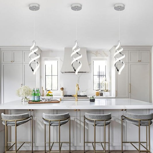 EIDISUNY 3Pack Pendant Light Fixture, 15W Chrome Spiral Led Chandelier Hanging Lamp, 3000K-6000K, Dimmable Pendant Lamp, Adjustable Height Pendant Light for Kitchen Island Dining Room Bedroom Cafe