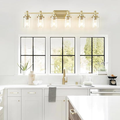 Brushed Brass 6-Light Vanity Light Fixtures with Clear Glass Shades Over Mirror for Bathroom, Living Room, Hallway