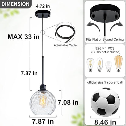 Glass Pendant Light Fixtures, Black Globe Pendant Lights Kitchen Island with 7.8" Clear Hammered Glass, Adjustable Hanging Farmhouse Kitchen Island Lighting For Bathroom Dining Room Sink 1 Pack