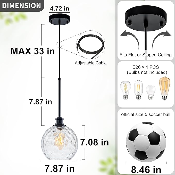 Globe Pendant Light Fixtures, 2 Pack Glass Black Pendant Lights Kitchen Island with 7.8" Clear Hammered Glass, Adjustable Hanging Island Lights for Kitchen Bathroom Sink Entryway Dining Room