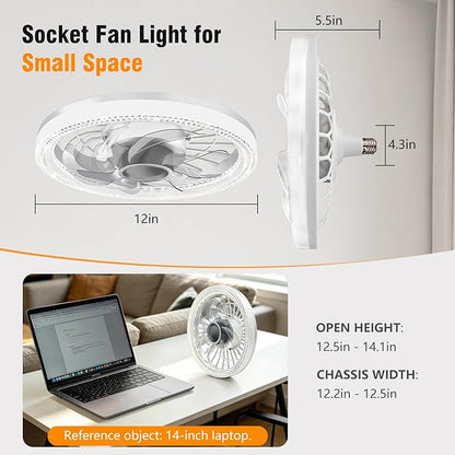 Deyagoo Ceiling Fan Light, 12-inch Socket Fan Light with Remote Control, 3 Colors (3000K-6500K) Dimmable LED Light Bulb, Screw-in Ceiling Fan for Bedroom, Kitchen, Storage Room, Closet, and RV.