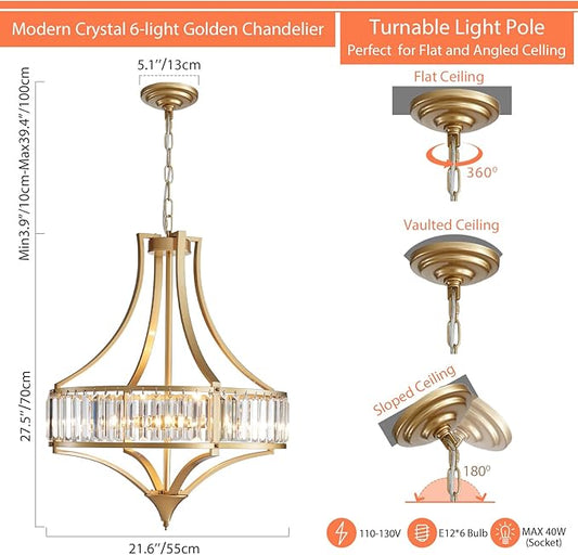 Crystal Chandeliers for Dining Room 21.6" Rustic Farmhouse Chandelier with Round Metal Shade 6-Light Large Gold Dining Room Light Fixture for Kitchen, Hallway, Bedroom, Foyer