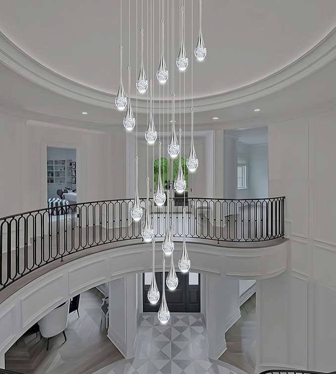 Modern Crystal Staircase Chandelier Polished Chrome 18-Lights, H118'' Large High Ceiling Spiral Dimmable LED Raindrop Foyer Entryway Light Fixture Remote Control