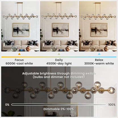 Brass Gold Rectangle Chandelier Modern Chandelier Smoke Grey Globe Glass Pendant Light Fixture Adjustable for Dining Living Room Kitchen Island Over Table 22-Light 70''