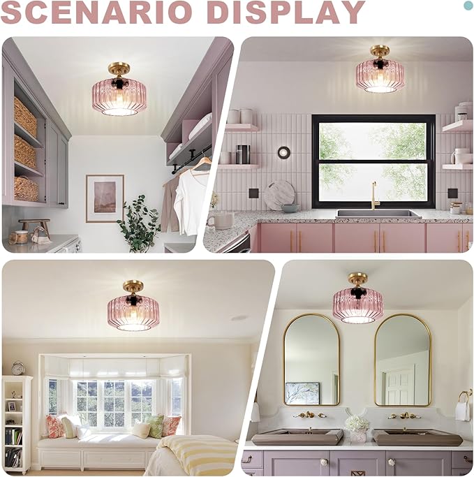 Flush Mount Ceiling Light Gold Light Fixture Set of 2 Striped Glass Shade Pink Chandelier Farmhouse Semi Flush Mount Light for Pantry Bar Cafe Hallway Entryway