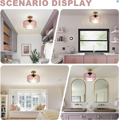 Flush Mount Ceiling Light Gold Light Fixture Set of 2 Striped Glass Shade Pink Chandelier Farmhouse Semi Flush Mount Light for Pantry Bar Cafe Hallway Entryway