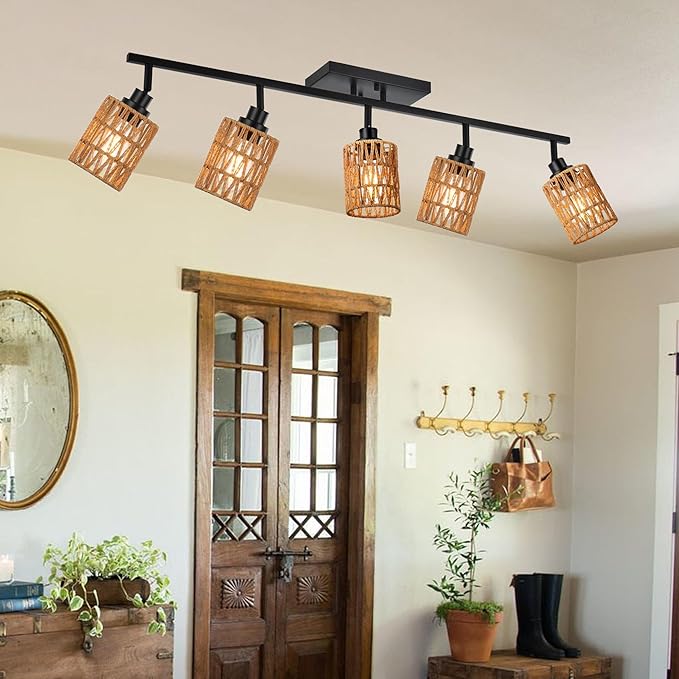 MELUCEE 5 Light Black Track Ceiling Light Fixture with Rattan Lamp Shade, Farmhouse Vanity Lights for Bathroom with Rotatable Light Head, Spotlight Track Lighting for Hallway Porch Foyer Bath