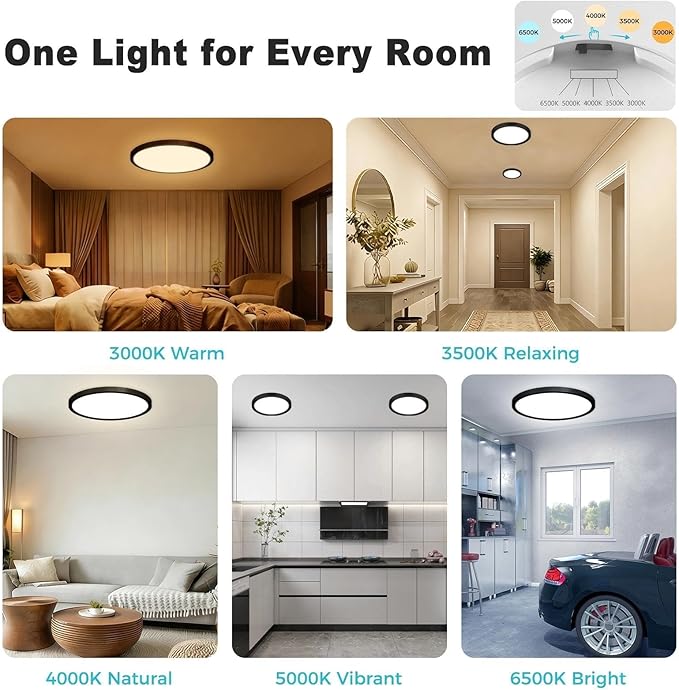 libtit 7inch LED Flush Mount Ceiling Light, Dimmable & 5Color Temperatures (3000K-6500K), 15W Round Slim Black Light Fixture for Closet Hallway Kitchen Bathroom Laundry