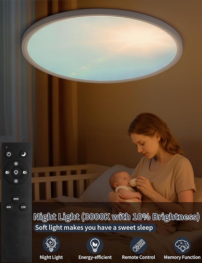 24 Inch Flush Mount Ceiling Light with Blue Sky Cover, Dimmable Ceiling Lamp with Remote, 54W LED Lighting Fixtures Sunlight Effect, Modern Slim Design for Classroom Bedroom Living Room, Round White