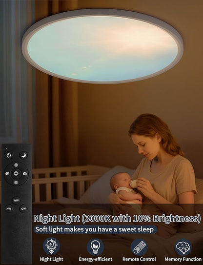 20 Inch Flush Mount Ceiling Light with Blue Sky Cover, Dimmable Ceiling Lamp with Remote, 42W LED Lighting Fixtures Sunlight Effect, Modern Slim Design for Classroom Bedroom Living Room, Round White
