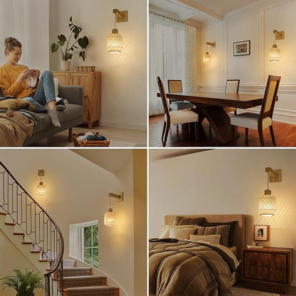 Battery Operated Wall Sconces Set of Two, Bamboo Lantern Rechargeable Wall Sconce with Remote, 15 Colors Dimmable Boho Wireless Wall Lights for Bedroom, Living Room, Wall Decor