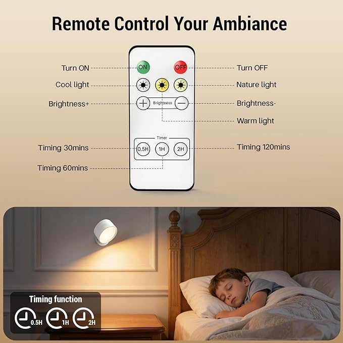 LED Wall Lights, [160H Battery Operated] Wireless Rechargeable Mounted, 3 Color & 4 Brightness Level & 360°Rotate & Touch or Remote, Wall Sconces for Reading Bedroom(White,Set of 2)