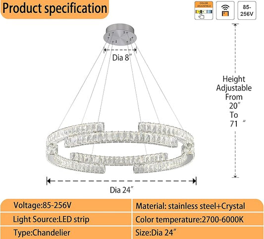 D24'' Modern Silver Crystal Ring Chandelier for Living Room Dinning Room Crystal Pendant Light Dimmable 3000k-6000k