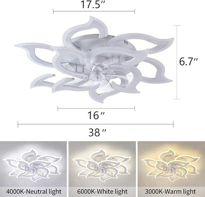 38" White Geometric Ceiling Fan with Light Remote Control, 3 Light Color 6 Speeds LED Flower Flush Mount Low Profile Ceiling Fan for Living Room
