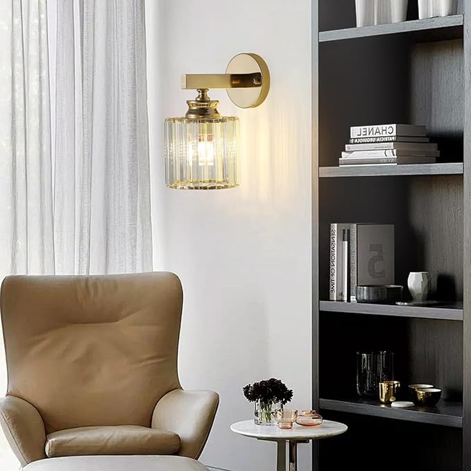Hardwired Crystal Wall Sconces, Modern E27 Wall Lights, Gold Round Finish Wall Lamp for Living Room Bedroom Dining Room Hallway Entryway (Gold Round)
