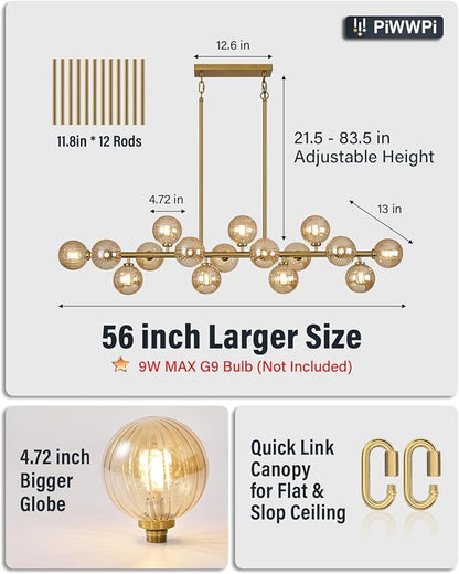 55" Long Brass Gold Chandeliers for Dining Room Kitchen Island, Large Globe Sputnik Linear Chandelier, 16 Lights Mid Century Modern Light Fixture Over Table, Amber Bubble, GC-08