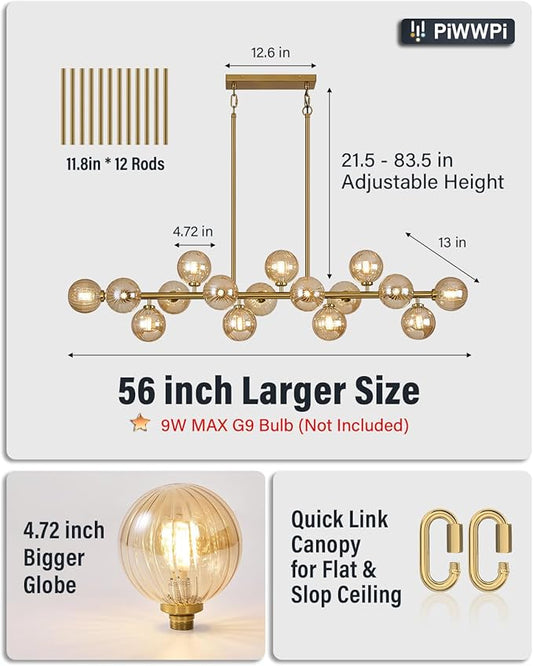 55" Long Brass Gold Chandeliers for Dining Room Kitchen Island, Large Globe Sputnik Linear Chandelier, 16 Lights Mid Century Modern Light Fixture Over Table, Amber Bubble, GC-08