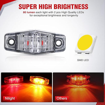Nilight 2.5 Inch Oval Side Marker Clearance Light 2 LED 4 Amber & 4 Red Light White Lenses 80LM High Lumen Waterproof Surface Mount 12V Direct Wire for Truck Trailer Boat RV Semi