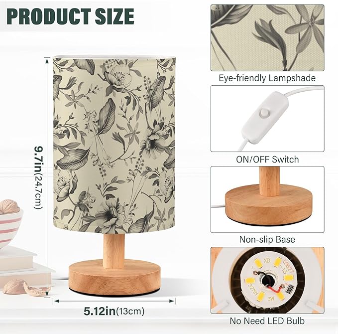 Bedside Table Lamp Vintage Flowers Floral Nightstand Lamp with Wood Desk Lamps for Bedroom Living Room Nursery Office Home Decor