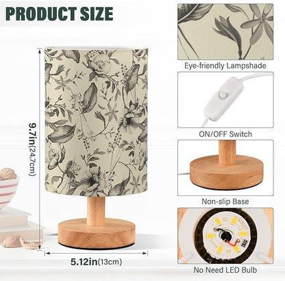 Bedside Table Lamp Vintage Flowers Floral Nightstand Lamp with Wood Desk Lamps for Bedroom Living Room Nursery Office Home Decor