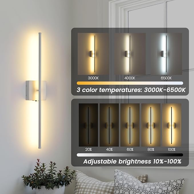 Rechargeable Battery Operated Wall Sconces, 11000mAh Wireless White Wall Lights with Remote Control, 350°Rotate Dimmable Wall Lamp, 3 Color Temperatures, for Bedroom Living Room Hallway, 1 PCS