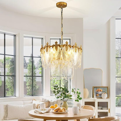 Antique Chandeliers 2-Layer Gold Crystal Glass Chandelier, 4-Light Round Pendant Light 17.7" Brushed Brass Adjustable Height, Applicable to Dining Room, Bedroom, Living Room, Foyer, Kitchen Island