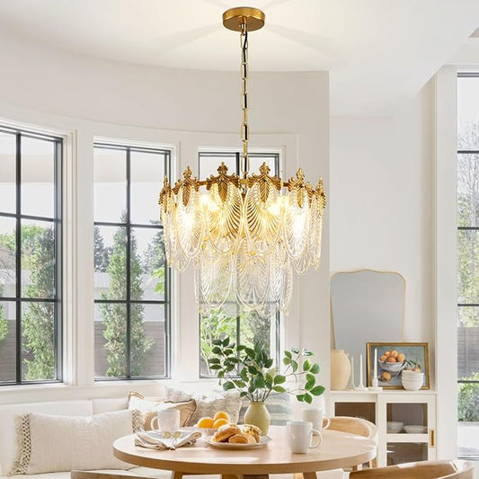 Antique Chandeliers 2-Layer Gold Crystal Glass Chandelier, 4-Light Round Pendant Light 17.7" Brushed Brass Adjustable Height, Applicable to Dining Room, Bedroom, Living Room, Foyer, Kitchen Island