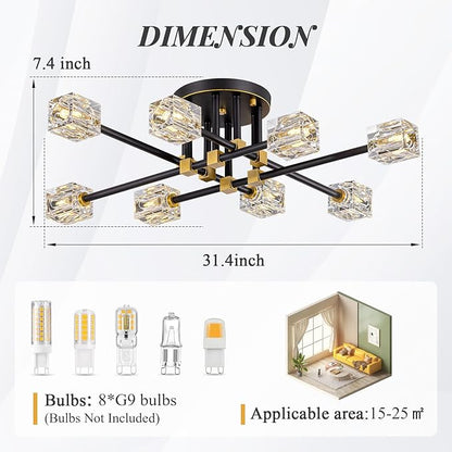 Modern Sputnik Ceiling Light Fixture with 8 Light,Black and Gold Semi Flush Mount Ceiling Light,K9 Crystal Chandeliers for Bedroom, Dining Room, Kitchen Island, Living Room