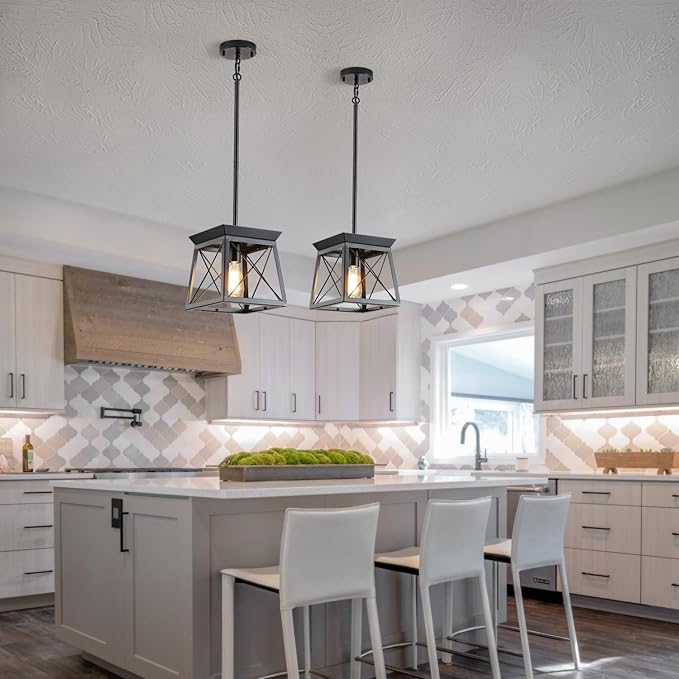 Black Farmhouse Pendant Lights, Industrial Kitchen Island Lighting, Rectangle Linear Cage Chandeliers for Kitchen, Dining Room Table