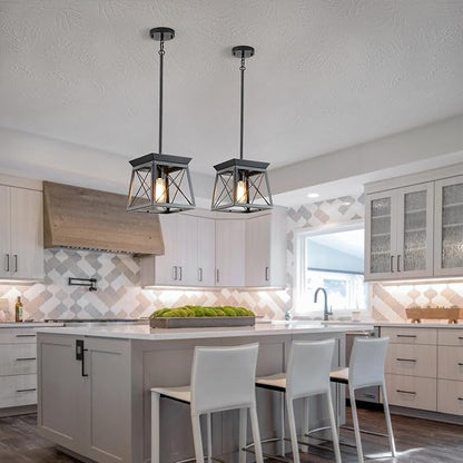 Black Farmhouse Pendant Lights, Industrial Kitchen Island Lighting, Rectangle Linear Cage Chandeliers for Kitchen, Dining Room Table