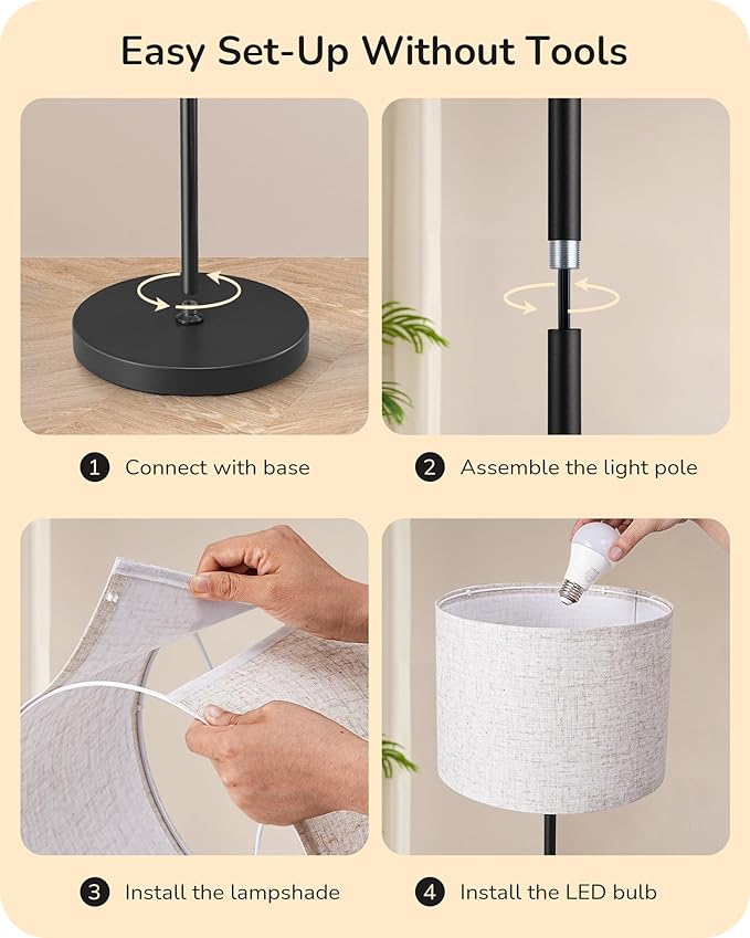 EDISHINE Floor Lamps with 2 Lampshades, 63.7" Modern Standing Lamp with Foot Switch and Remote Control, Stepless Dimmable Minimalist Lamps for Bedroom, Office, (9W LED Bulb Included), Black