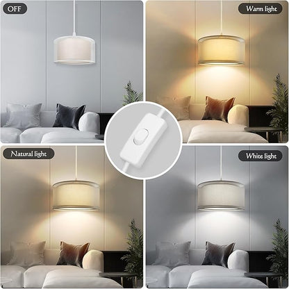 Plug in Pendant Light, 15FT White Cord Hanging Lights with Plug in Cord, Hanging Light with On/Off Switch, Double Linen Shade Fabric Design, Pendant Llight Fixture for Bedroom Restaurant Beige