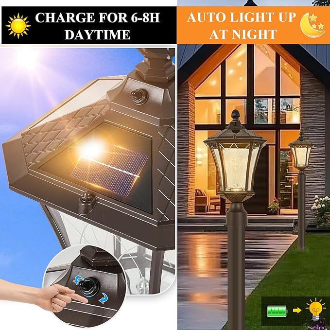 Dusk to Dawn Solar Outdoor Post Lights, Brown Outside Pillar Lights with Pier Mount Base, Waterproof Aluminum Solar Pole Lamps Head with Patterned Glass for Yard, Path, Garden