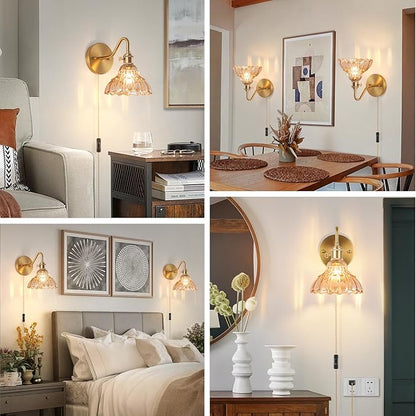 Plug-in Wall Sconce (Set of 2), Vintage Wall Decorative Lamp with Amber Glass Shade, Indoor Brass Plug-in Wall Sconce for Bedroom, Living Room, Bathroom, Hallway