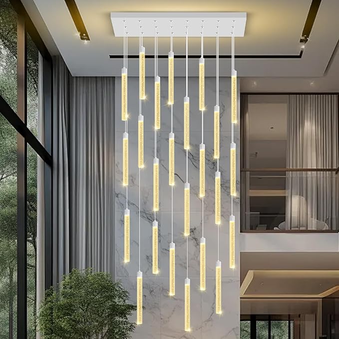Modern Rectangular Crystal Chandeliers LED Dimmable Crystal Column Chandelier Living Room Foyer Crystals Pendant Light for Dining Room Adjustable Height 24-Light Silver
