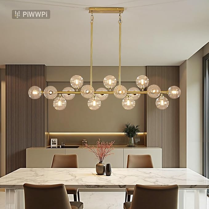 55" Long Brass Gold Chandeliers for Dining Room Kitchen Island, Large Globe Sputnik Linear Chandelier, 16 Lights Mid Century Modern Light Fixture Over Table, Clear Bubble, GC-08