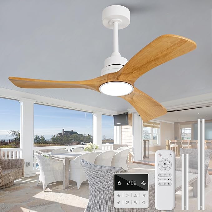 42 inch Ceiling Fan with Light and Remote Control,Wall Switch,Solid Wood Blades,Dimmable,Reversible Quiet DC Motor,Power off Memory Modern White Ceiling Fan Indoor/Outdoor for Bedroom Patios
