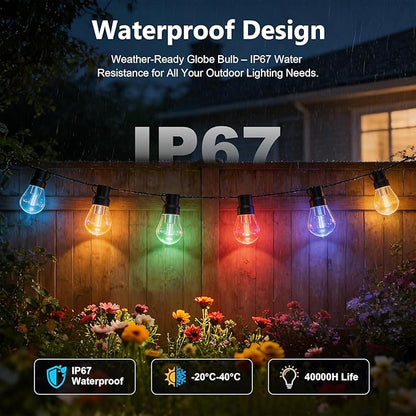 Beizelte Outdoor String Lights, 140FT RGB+IC Outside Light Dimmable Shatterproof LED Bulbs, IP67 Waterproof Chasing Effect Lighting DreamColor Patio Strip Lights for Backyard, Balcony, Outdoor Living