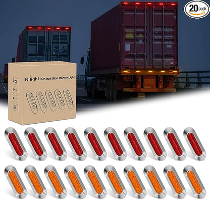 Nilight 20PCS Amber Red Oval Side Marker Lights 4 LED 3.7 Inch Clearance Lamp IP68 Waterproof DC 12-24V with Chrome Bezel Universal for Car Auto Truck Bus Trailer Boat Deck