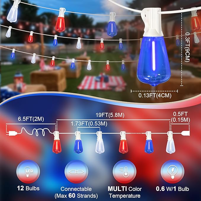 LAMPHOME 26Ft ST38 Red White Blue LED String Lights, Patriotic Red White and Blue Lights Outdoor Shatterproof Patio Lights, 12+1 Edison Bulbs 4th of July Lights for Independence Day Decor